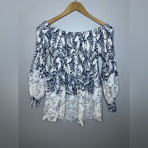 Petal Rose Off Shoulder Boho Top M Blue/White Lace Trim Blouse